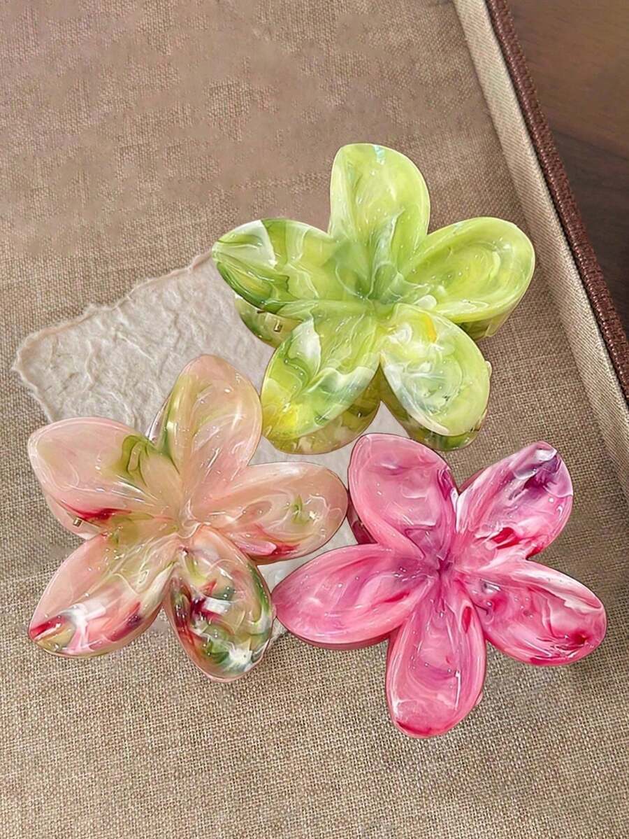 3pcs Floral Print Bohemian AS (Acrylonitrile-Styrene Resin) Green, Magenta, Light Pink Ombre Large Flower Hair Clips, Fashion Versatile Elegant Minimalist Hair Accessories Suitable For Daily, Casual, Party, Beach, Ponytail, Bun, Washing Face, Makeup, Outfit Matching, All Seasons Summer Beach Claw Clips Vacay Hair Claws - Multicolor - View 1