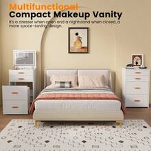 Tocador compacto blanco con espejo, conjunto de mesita de noche y tocador 3 en 1 que ahorra espacio, con almacenamiento y silla con ruedas, para habitaciones pequeñas - Blanco - Ver 6