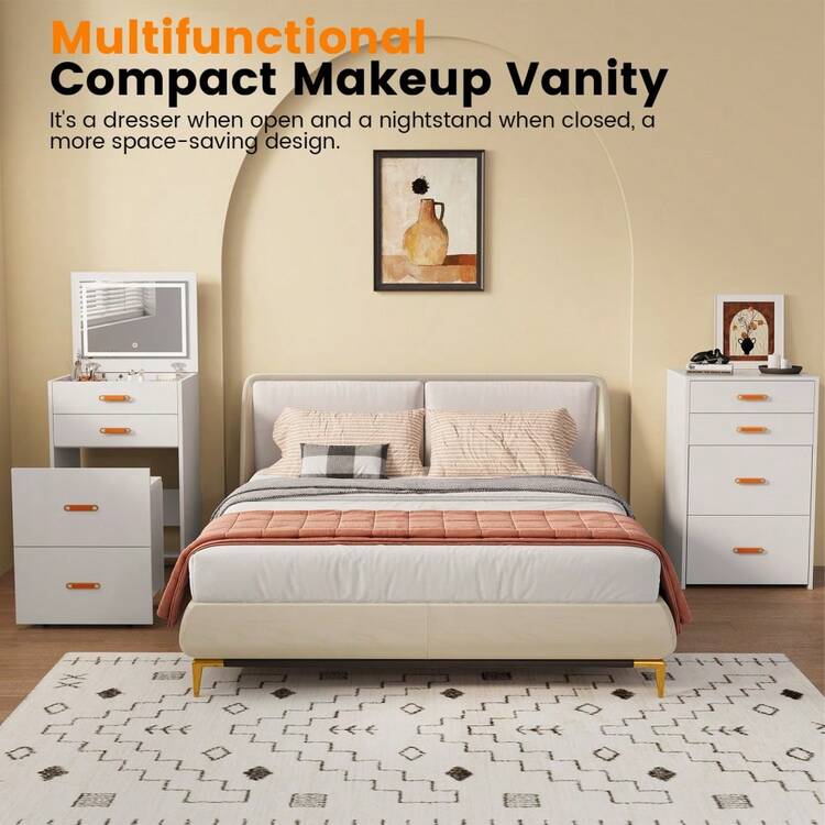 Tocador compacto blanco con espejo, conjunto de mesita de noche y tocador 3 en 1 que ahorra espacio, con almacenamiento y silla con ruedas, para habitaciones pequeñas - Blanco - Añade 6