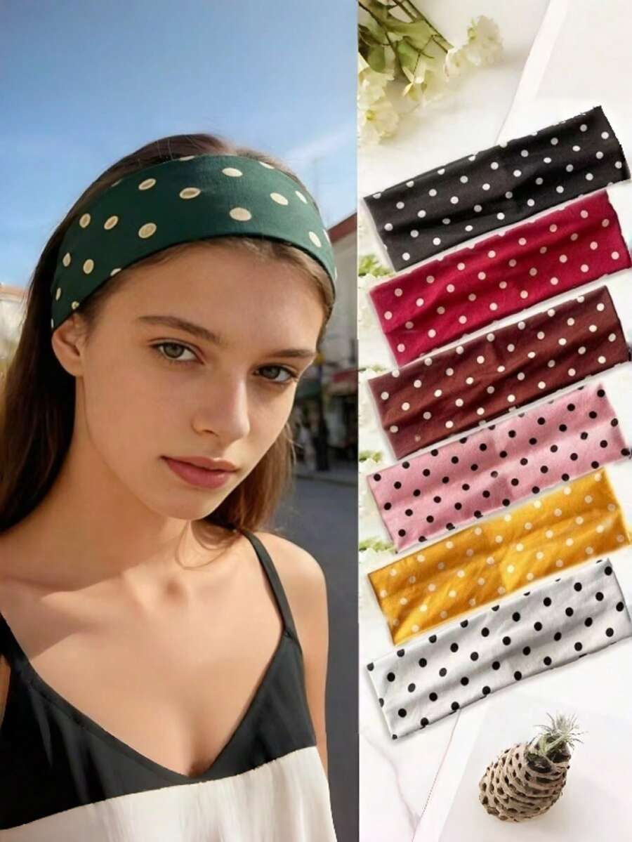 1pc Polka Dot Bohemian Polyester Retro Dotted Headband, Elastic Wide Sports Hair Band, Fashionable Headwear, Suitable For All Seasons Summer Beach Hair Accessories Vacay,Holiday,Travel,Festival,Party - Multicolor - View 1