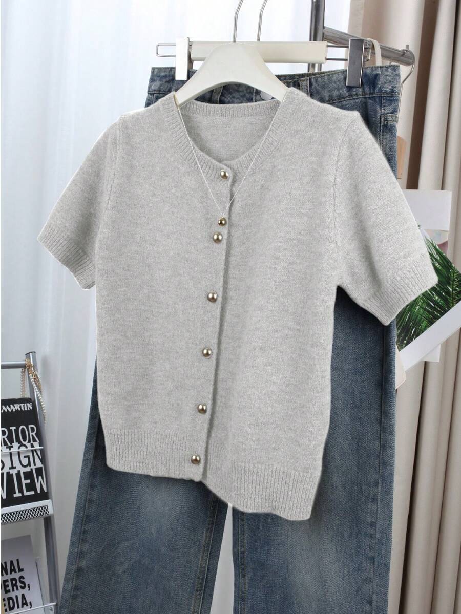Women's Gray Button Cardigan - Casual Fashionable Short Sleeve Cardigan, Stretchy, H-Shaped Silhouette, Suitable For Spring And Summer, Ribbed Detail Design, Button Closure, Breathable Fabric, Cardigan Style, Essential Spring/Summer Item