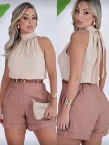 Women's Tank Top With High Neck And Ruched Detail - Summer Dune - Beige - View 1