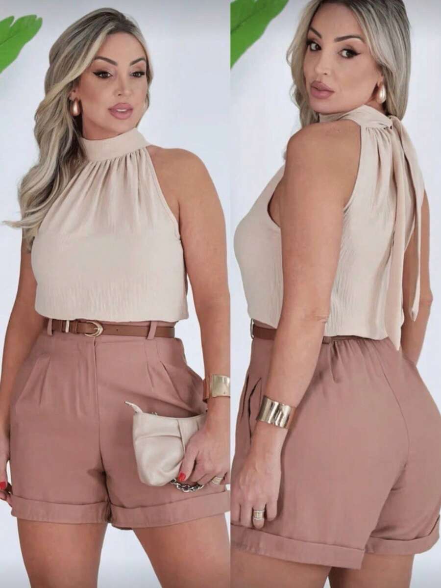 Women's Tank Top With High Neck And Ruched Detail - Summer Dune - Beige - View 1