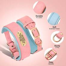 Personalized PU Leather Wide Dog Collar With Engraved ID Tag, Adjustable Anti-Lost Pet Collar - Pink - View 6
