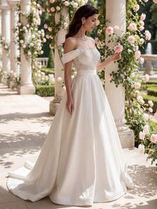 HEARBOBO Elegant Satin Off-Shoulder Contrast Sequin White Formal Evening Gown, A-Line Bridal Wedding Dress With Train - White - View 7