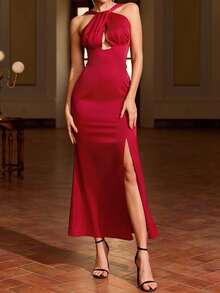 Women's Halter Backless Elegant Dress, Red Wedding - Red - View 1