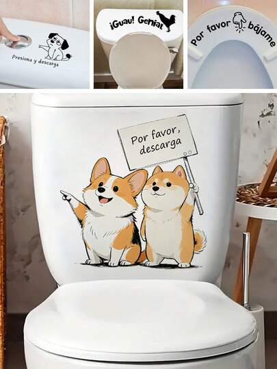 BRUP 1/2sheets/Set Cute Corgi & Shiba Inu Toilet Lid Decal -Spanish "Por Favor, Descarga" Removable PVC Toilet Sticker For Bathroom Decor