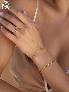 SYMFNY 1pc S925 Sterling Silver Multi-Layer Rice Bead Adjustable Finger Ring Bracelet, Delicate Luxury Versatile Summer Jewelry Gift For Girlfriend, Birthday, Anniversary - Yellow Gold - View 1