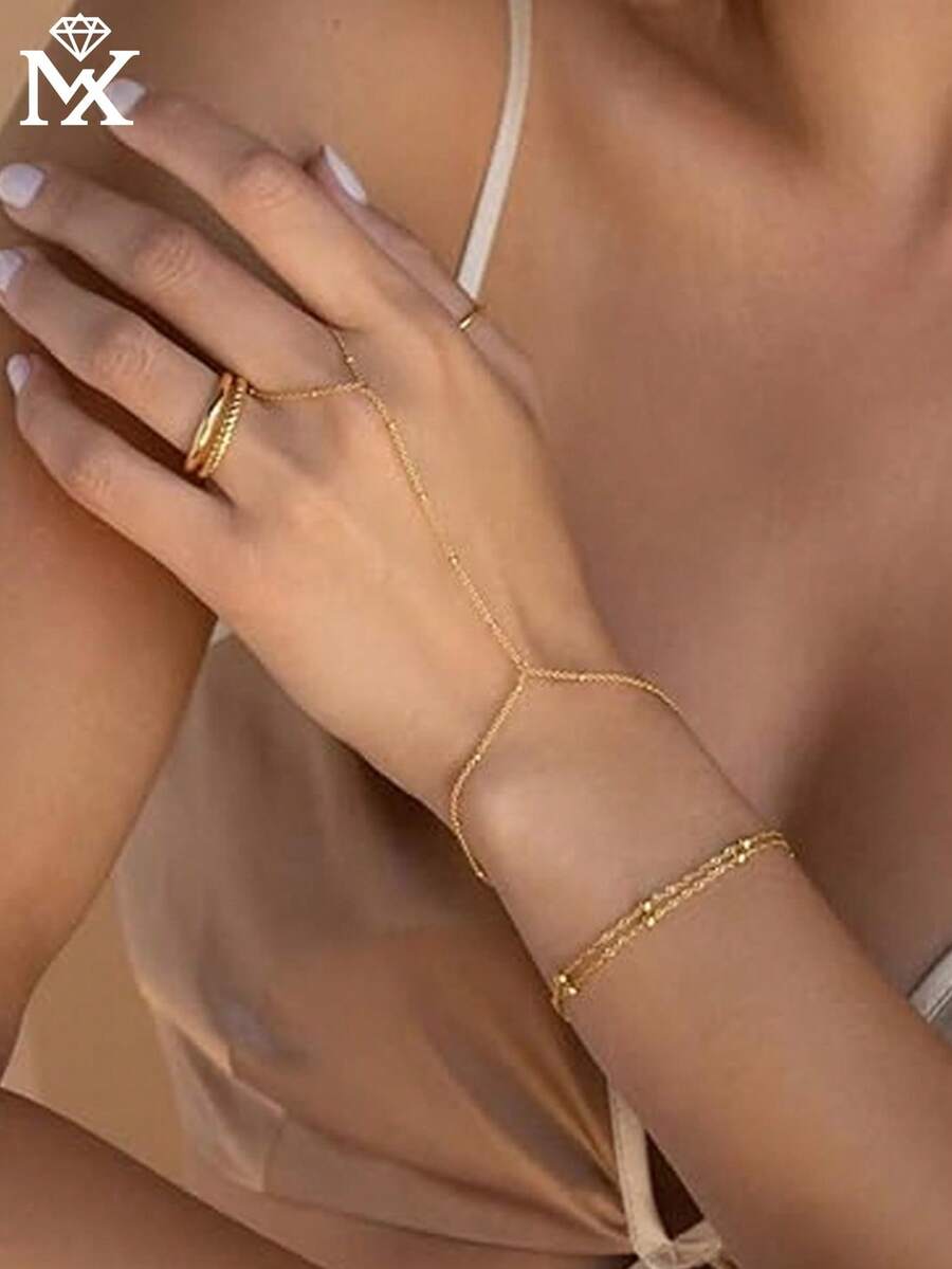 SYMFNY 1pc S925 Sterling Silver Multi-Layer Rice Bead Adjustable Finger Ring Bracelet, Delicate Luxury Versatile Summer Jewelry Gift For Girlfriend, Birthday, Anniversary - Yellow Gold - View 1