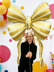 1pc 61-Inch Striped Bow Foil Balloon, Platinum Striped Bow Foil Balloon, Bow Decor Balloon, For Wedding, Engagement, Birthday, Bridal Shower, Proposal, Photo Shoot Decor, Princess Birthday Party, Bachelorette, Anniversary, Tea Party, Valentine's Day, Huge Bow Decor Background - Multicolor - View 7
