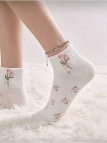 5双装女士可爱蝴蝶结碎花图案短袜，时尚学院风，舒适柔软透气，适合日常、运动、休闲穿着，春、夏、秋季皆宜。 - 彩色 - 查看 3