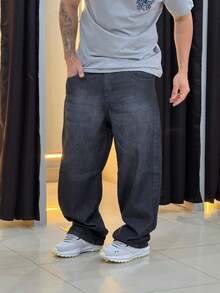 Calça balão baggy Jeans Boca Larga Skate Street Estilosa Moda Masculina Feminina Preta - Preto - Visão 4