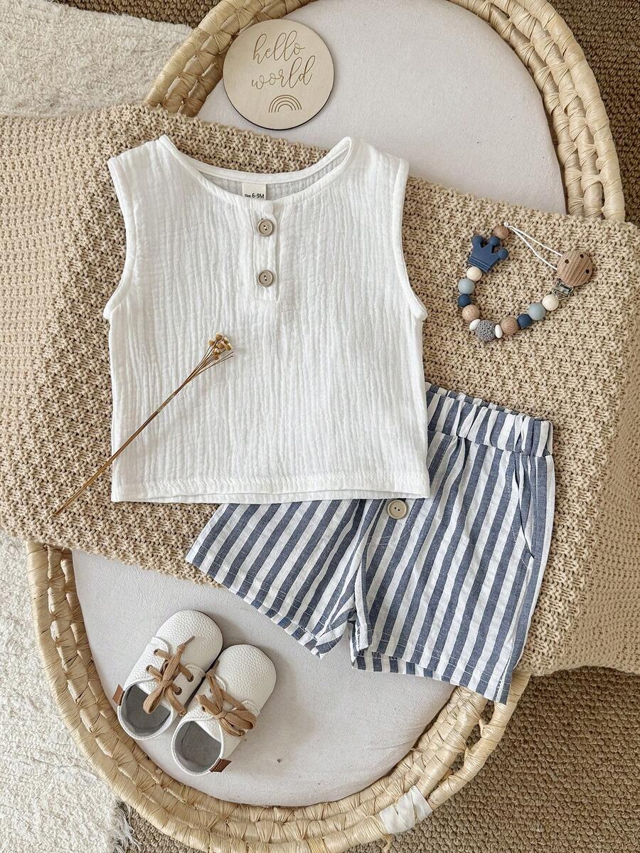 Set de 2 piezas de chaleco de algodón informal + pantalones cortos a rayas para bebés niños, verano