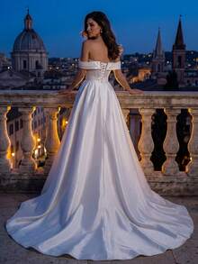 HEARBOBO Elegant Satin Off-Shoulder Contrast Sequin White Formal Evening Gown, A-Line Bridal Wedding Dress With Train - White - View 2