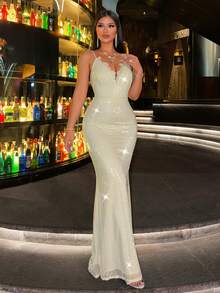 CHOSMO Women's Lace Patchwork Shiny Elegant Waist Cinched Party Cocktail Slip Dress - Apricot - View 2