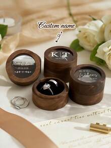 Caja de Anillo Personalizada Diseño de Doble Ranura Para Propuesta de Boda Regalo de Aniversario Estilo Retro Nombres y Fechas Personalizados Estuche de Joyas Estuche de Joyas de Viaje, Regalo Único - Multicolor - Ver 3