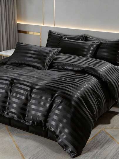 2/3件套纯色缎面被套套装，床上用品套装，柔软透气，亲肤缎面被套，轻盈丝滑，简约时尚被套（不含被芯），四季皆宜，适用于单人/双人/标准双人床，适合卧室、客房、宿舍，1件被套配1/2个枕套，黑色，可机洗，完美的节日礼物