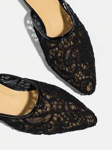 Giày sandal cao gót đế dày, mũi nhọn, thoáng khí, màu đen thanh lịch dành cho nữ, chất liệu ren lưới, kiểu dáng slip-on, thoải mái. - màu đen - Xem 8