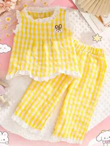 Spring And Summer New Girls' Outfits With Lace Dresses And Tops, Plaid Vests, And Long Pants Casual Two Pieces Sets For Little Girls - Yellow - View 1