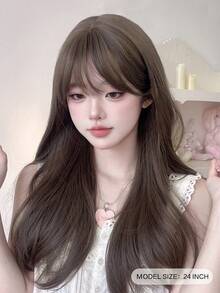 alicegarden 24-Inch Long Synthetic Wig Featuring A Natural Straight Style A Stunning Flaxen Brown. Designed With Bangs , It Is Crafted From Heat-Resistant Fiber To Ensure Durability. This False Hairpiece Is Perfect For Ms Daily Use, Offering A Natural And Realistic Appearance That Mimics It Is Also A Gift For Women. (Excluding Accessories) - Linen Brown - View 3