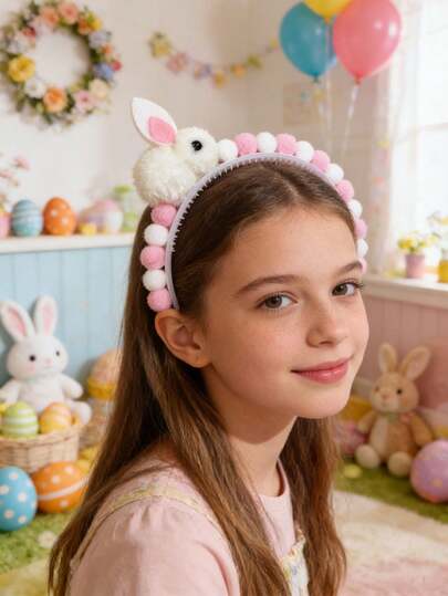 2pcs Easter Bunny Ear Headband, Suitable For Girls, Plush Rabbit Ear Headband, Cute Pom Pom Headband, Holiday Hair Accessory, Party Hair Accessory, Teen Hair Accessory, Holiday Photo Prop