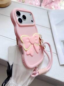 2025 最新款可爱粉色爱心蝴蝶结 DIY 波浪马卡龙手机壳，带手机挂绳，适用于 17 Pro Max/17 Pro/17/16 Pro Max/16/16 Pro/16 Plus/15/15 Pro Max/15 Pro/15 Plus/11/12/13/14 Pro Max/12 Pro/12 Pro Max/13 Pro/13 Pro Max/7 Plus/14 Pro/14 Pro Max/14 Plus，软壳创意设计 - 粉色 - 查看 3