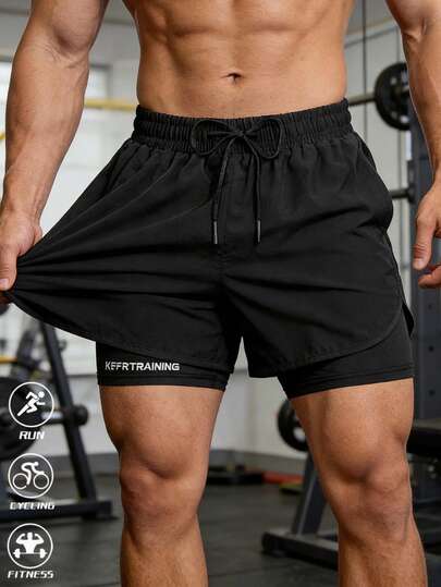 Men's Dual Layer Outdoor Sports Shorts, Soft & Breathable, Quick-Dry, With Phone Pocket & Towel Loop, Suitable For Running, Fitness & Outdoor Leisure Black