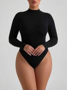 XLLAIS Áo liền thân thể thao cổ cao ôm sát màu trơn dành cho nữ cỡ lớn màu đen - màu đen - Xem 3