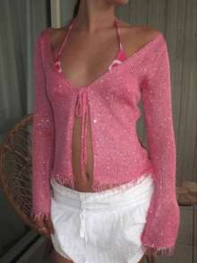 2026 Spring/Summer New Fashionable Vacation Style Sexy Tassel Design Beaded Sequin Sequins Beach Cover-Up Knit Cover Up - Hot Pink - View 5