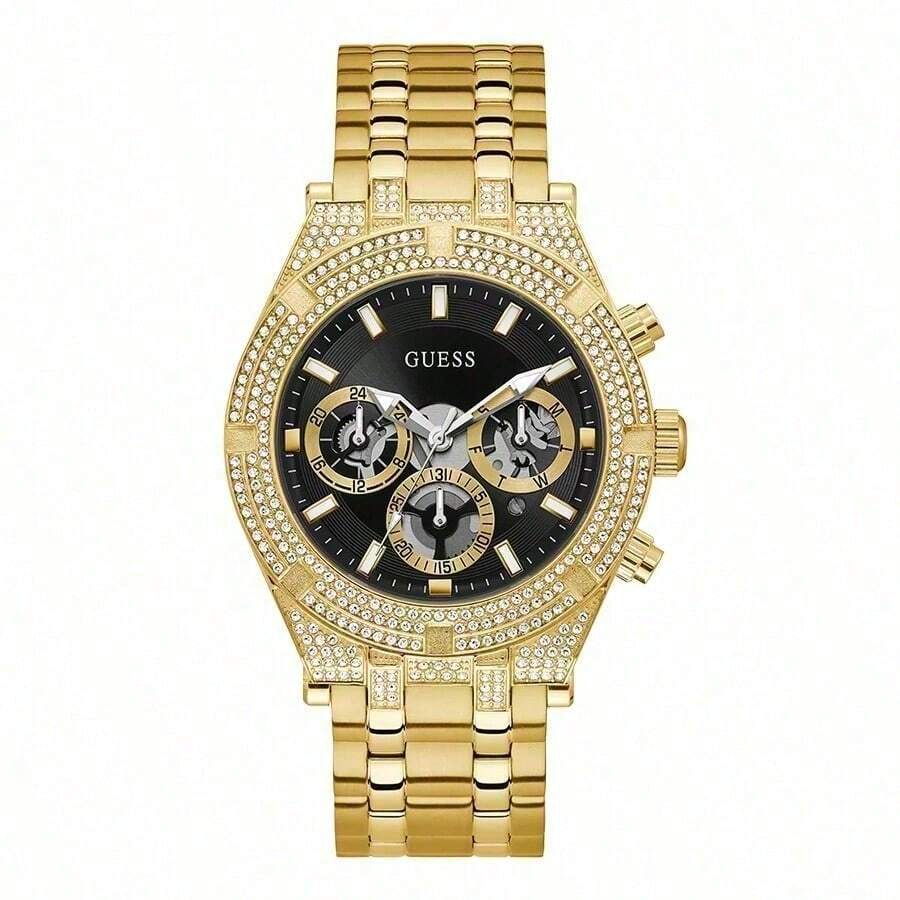 Guess GW0455G2 Men's Gold-Tone Watch, With Crystal Bezel, Multi-Function Chronograph, Black Dial, Luxurious Hip-Hop Style Watch, Suitable For Parties And As A Gift - Black Gold - View 1