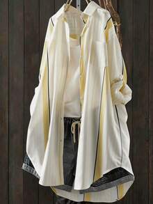 女士时尚条纹纽扣长袖长款衬衫，带衬衫领 - 黃色 - 查看 6