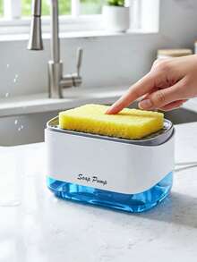 1个厨房皂液器，洗洁精分配器，带海绵架，附赠洗碗海绵，可重复填充大容量皂液器，创意塑料按压式皂液器 - 透明 - 查看 6