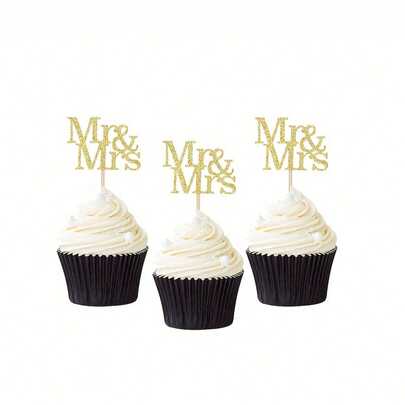 12 que cắm cupcake hình chữ "Mr & Mrs" lấp lánh vàng - Phụ kiện trang trí bánh cưới - Que cắm cupcake lấp lánh cho tiệc cưới.