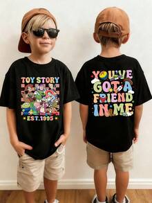 Disney Boys' T-Shirt Featuring A Toy Story Alphabet Cartoon Double-Sided Print. This Spring/Summer Boys' Crew Neck T-Shirt Is Made From Soft, Comfortable Fabric, Perfect For Everyday Wear, Shopping, Playtime, And School. - 黑色 - 查看 1