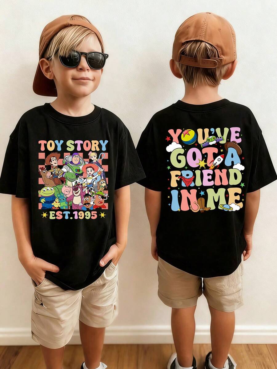 Disney Boys' T-Shirt Featuring A Toy Story Alphabet Cartoon Double-Sided Print. This Spring/Summer Boys' Crew Neck T-Shirt Is Made From Soft, Comfortable Fabric, Perfect For Everyday Wear, Shopping, Playtime, And School. - 黑色 - 查看 1