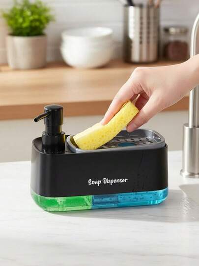 二合一厨房皂液器套装，包含液体皂液器、洗洁精泡沫器及海绵架，厨房收纳整理，水槽台面储物，厨房浴室清洁用品。