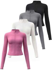 4PCS Women's Solid Color Stand Collar Zipper Long Sleeve Thumb Hole Minimalist Fashion Sports Jacket,Slim Fit Yoga Tops For Exercise, Compression, Soft Elasticity, And Breathable. Suitable For Running, Cycling, Fitness, Outdoor Sports, Training Yoga  Jacket Workout Women Jacket Women Workout Jacket Gym Women Outfit - 4PCS(Black + Gray + Beige+ Rose red) - 查看 1