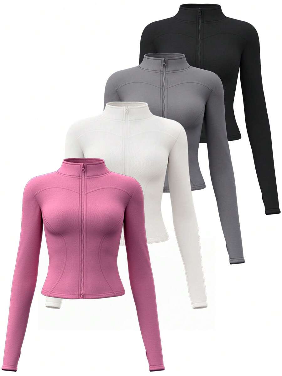 4PCS Women's Solid Color Stand Collar Zipper Long Sleeve Thumb Hole Minimalist Fashion Sports Jacket,Slim Fit Yoga Tops For Exercise, Compression, Soft Elasticity, And Breathable. Suitable For Running, Cycling, Fitness, Outdoor Sports, Training Yoga  Jacket Workout Women Jacket Women Workout Jacket Gym Women Outfit - 4PCS(Black + Gray + Beige+ Rose red) - 查看 1