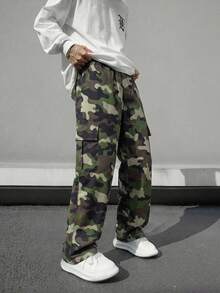 1 pièce Pantalon cargo droit à jambes larges et décontracté avec motif camouflage et plusieurs poches, polyvalent pour les adolescents/garçons, convient pour le printemps/l'été/l'automne/l'hiver - Multicolore - Voir 3