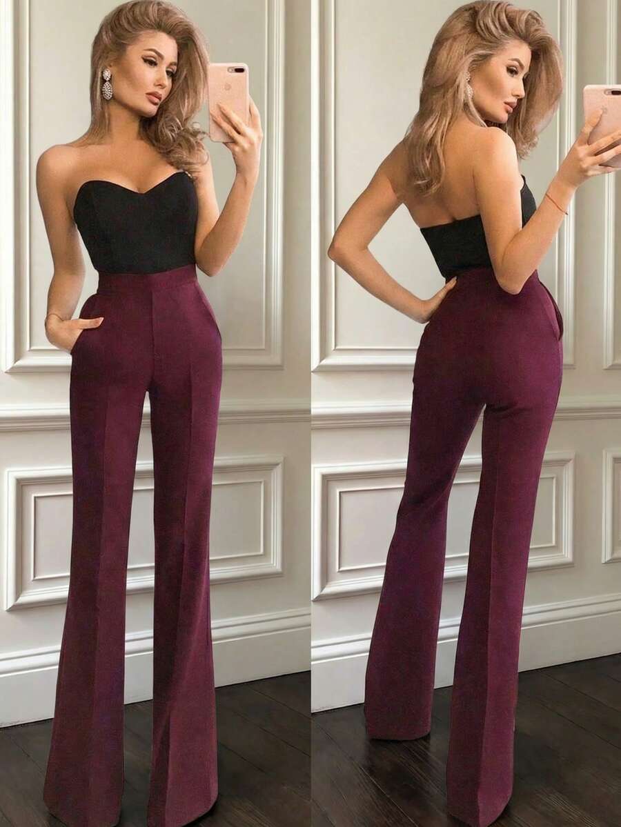 Elegant High-Waisted Burgundy Flared Pants, Versatile For Commuting Spring - Burgundy - View 1
