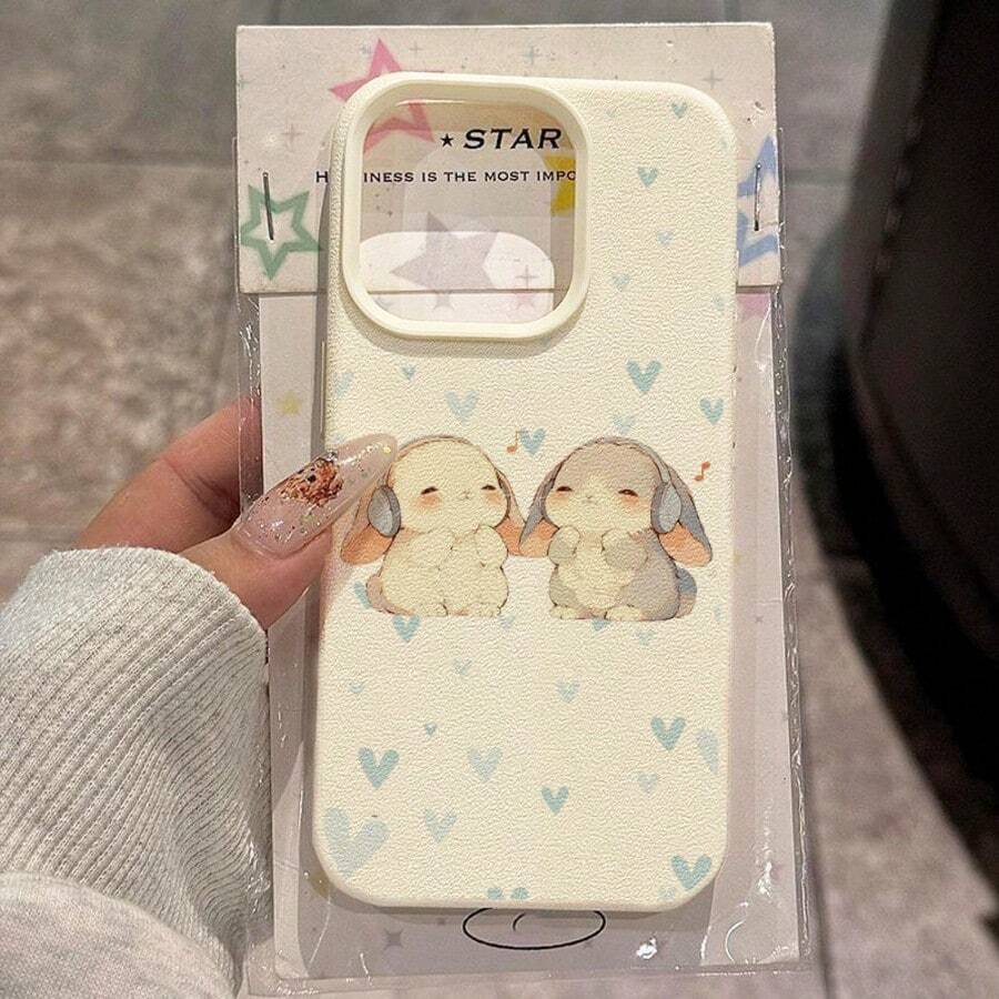 1pc TPU Material Cute Rabbit Heart Pattern Full Coverage Shockproof Soft Phone Case Compatible With Iphone 17 Pro Max/17/16 Pro Max/15/13/12/11, S20 FE/A15/S24/A55, Note 11/Note 12/Note 13 Pro,International Version, Not The Domestic Version - White - View 1