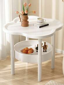1pc Cloud-Shaped Cream White Solid Wood Edge Side Table | Double-Layer Storage + Petal Tabletop, Korean Ins Style Small Coffee Table, Lightweight Bedside/Living Room/Balcony Placement, Storage Table - Multicolor - View 8