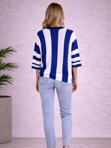 Women's Striped Knit Blouse From Brazil, Oversized, 3/4 Sleeve, Casual Winter Style - Màu xanh lam - Xem 3