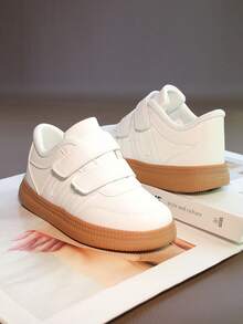 1 Pair Soft Leather Hook And Loop Flat Bottom Sneakers, Versatile Baby/Toddler Unisex White Shoes, Comfortable Non-Slip - أبيض - مشاهدة 5