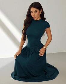 Women's Long Dress With High Neck, Short Sleeves, Loose Fit, Evangelical/Formal Fashion - Màu xanh hải quân - Xem 2