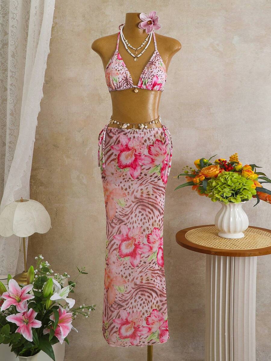 Conjunto de bikini con estampado de cebra, escote halter y lazos, con pareo y falda para mujer, ideal para el verano y la playa - lirio - Ver 1