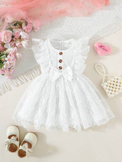 Baby Girl White Lace Floral Embroidery Bow Decor Cute Elegant Dress