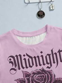 T-shirt col rond pour femmes avec rose, lettres et imprimé floral, décontracté pour le port quotidien, rose, été - Rose bonbon - Voir 5