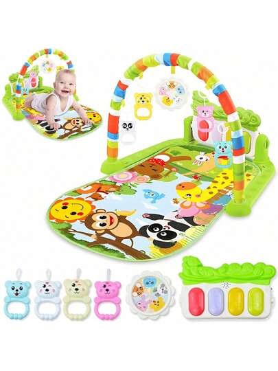 Gimnasio para Bebé con Piano,Baby GYM con Alfombra de Juego,Manta de Juegos para Bebe, Alfombra de Juego para Bebé con Música y Sonidos, Gimnasio para Bebé con Piano Desmontable, Baby Gym con Piano Contiene 5 Juguetes Colgantes Extraíbles,Alfombra de juego interactiva para bebés con piano, alfombra musical acolchada blanda - Alfombra de actividad para tiempo de barriga para recién nacidos y bebés de 0 a 36 meses - Desarrolla habilidades motoras y coordinación - Compatible con el sistema- Verde/Azul/Amarillo (Baterías no incluidas), Diseño de animales lindos, Superficie de juego, Esencial para recién nacidos,Material No Tóxico y Segur, Gimnasio para Bebés con Piano y Tapete de Juego