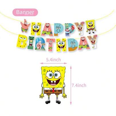 1 Set SpongeBob Theme Birthday Flag Banner Decor, Cartoon Party Decorative Banner, Birthday Party Decoration
